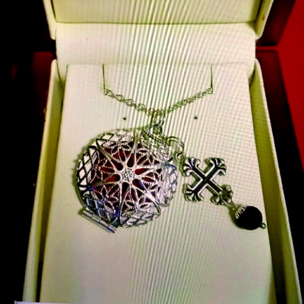 1" Round  Cross Necklace with Locket Silver & Lava Ball for Aromatherapy
